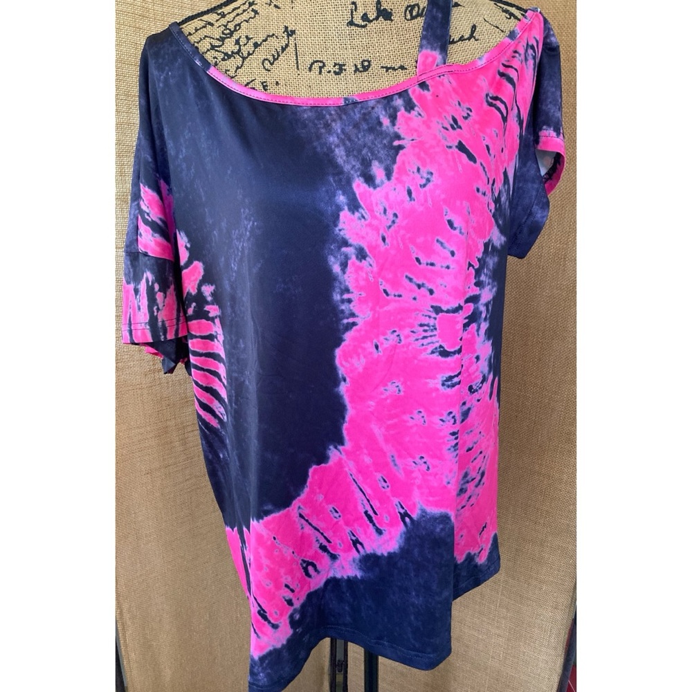 SHEIN CURVE Women's Art To Wear Hot Pink & Black Tie Dye Stretch Top Size 1X NEW